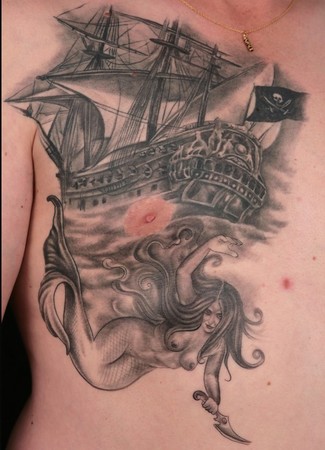 Tattoos - Stephane Chaudesaigues - Pirate Ship and Mermaid.st�phane chaudesaigues. tattoo. tatouage.paris. avignon.